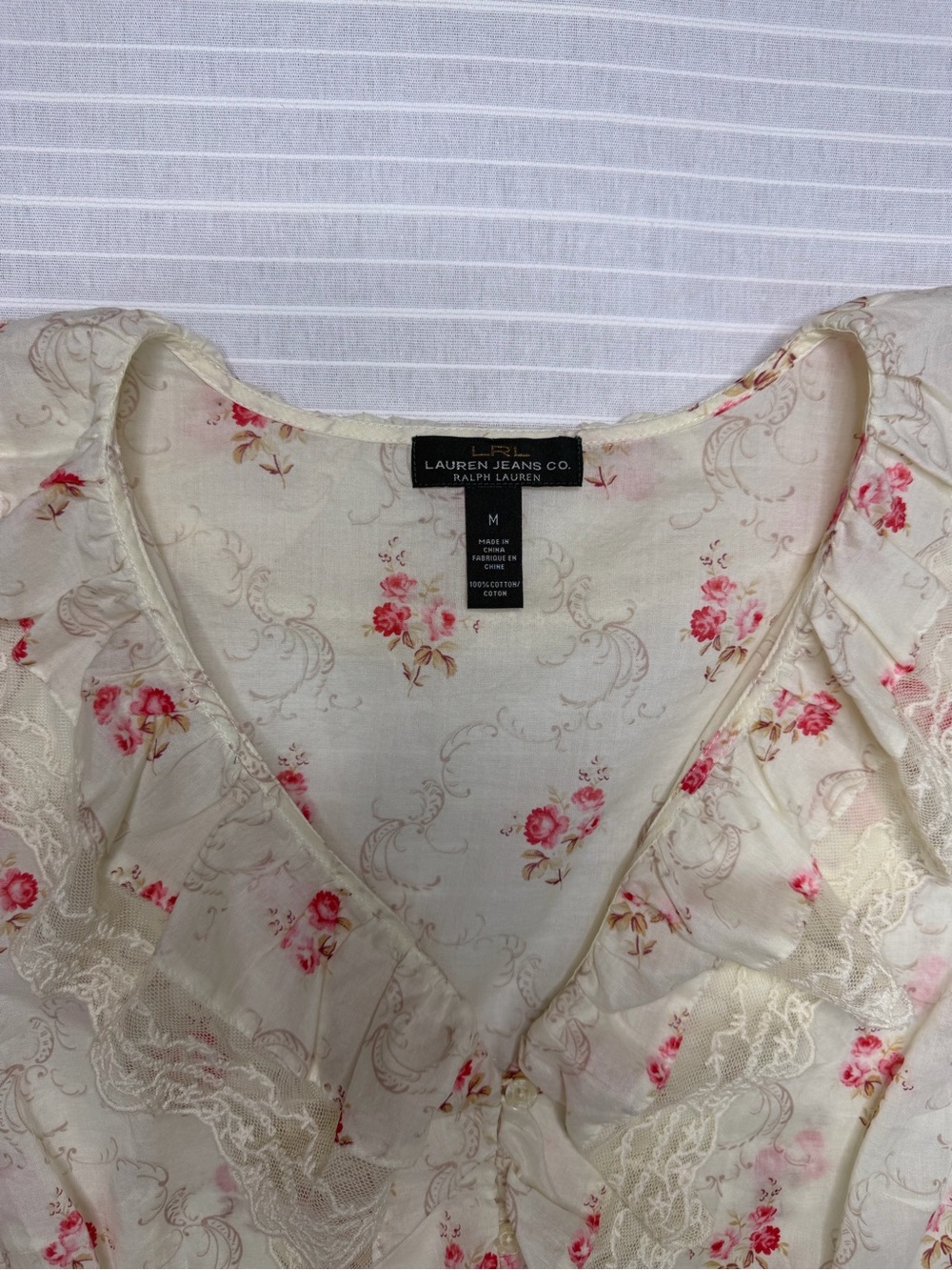 Ralph Lauren Cream Blouse with Pink Floral Print and Lace Ruffles - Picture 3 of 7